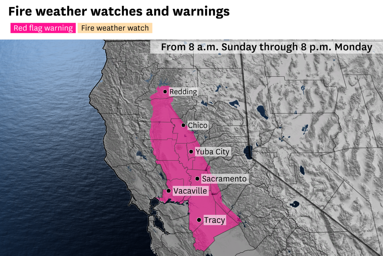 Red flag warning in East Bay, Central Valley with critical fire risk