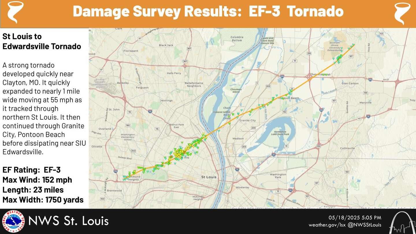 Tornado reached Edwardsville, IL, from St. Louis during May 16 storm