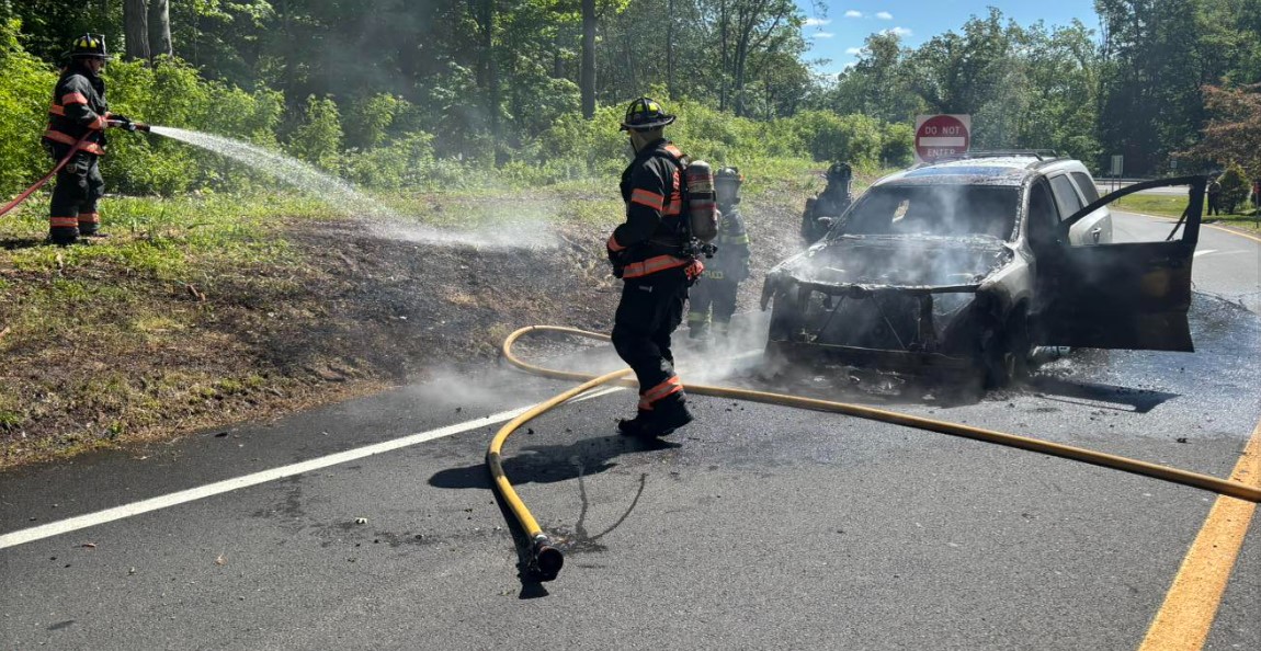 Car fire on Route 15 in North Haven sparks brush fire, officials say