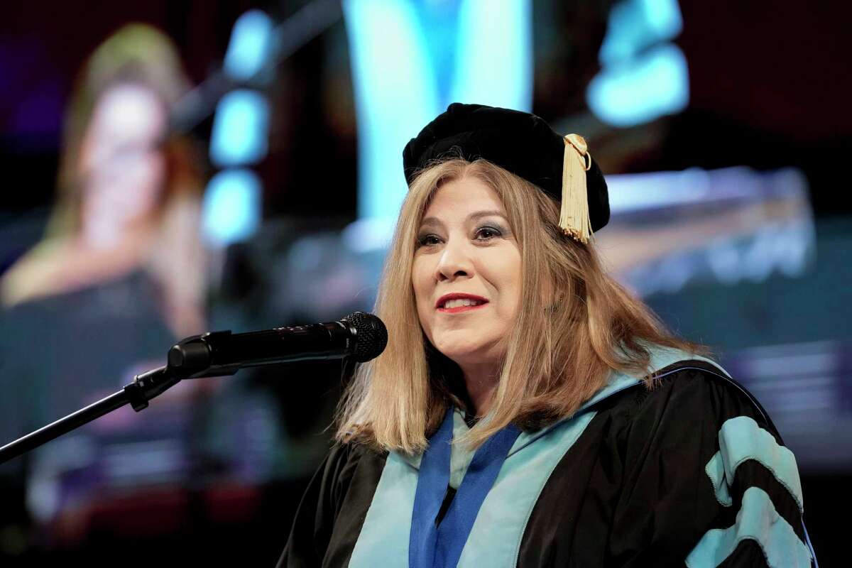 Tomball ISD Superintendent Martha Salazar-Zamora delivers her remark at the commencement ceremony of Tomball STAR Academy, the district's early college high school, at The MET Church in Houston, Thursday, May 22, 2025.