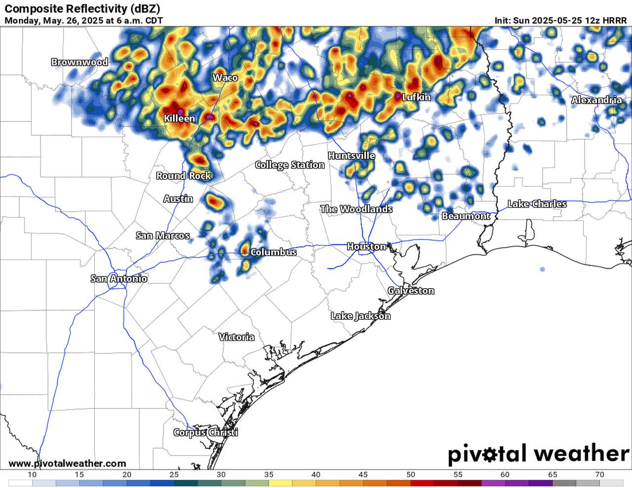 Shown is the High Resolution Rapid Refresh model's depiction of what future radar could look like Monday at 6 a.m. Storms are expected to stay mostly north of Houston during the morning hours.