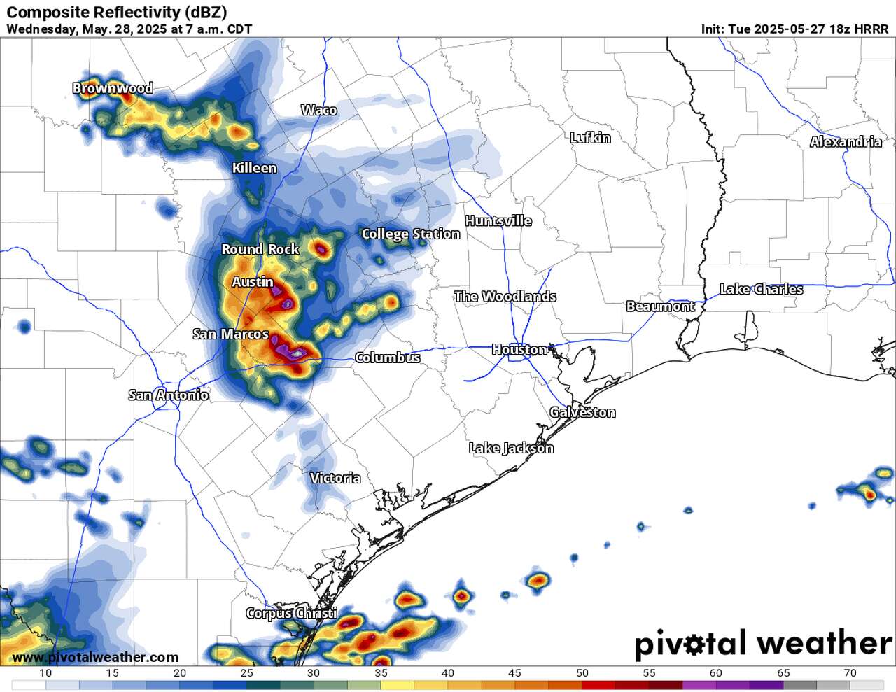 This image shows the High Resolution Rapid Refresh model's depiction of what radar could look like at 7 a.m. Wednesday. Storms should remain west of Houston through the morning commute.