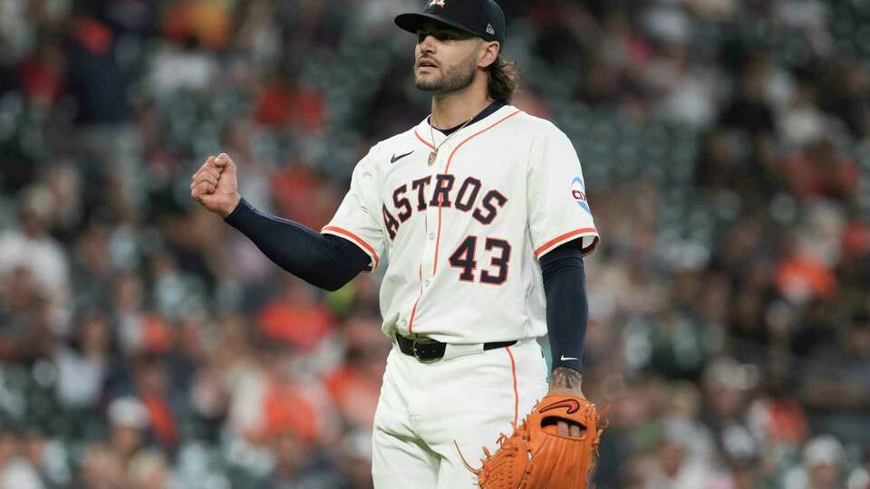 Houston Astros starting pitcher Lance McCullers Jr. (43) reacts after striking out Athletics Luis Urías to end the top of the fourth inning of an MLB baseball game in Houston, Wednesday, May 28, 2025.