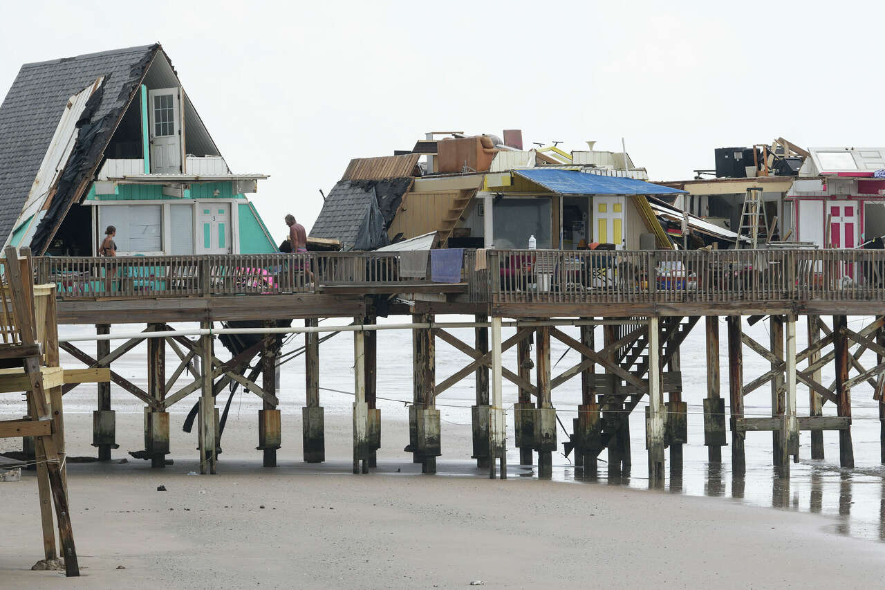 A-frame houses are seen the day after Hurricane Beryl made landfall nearby Tuesday, July 9, 2024, in Surfside Beach.