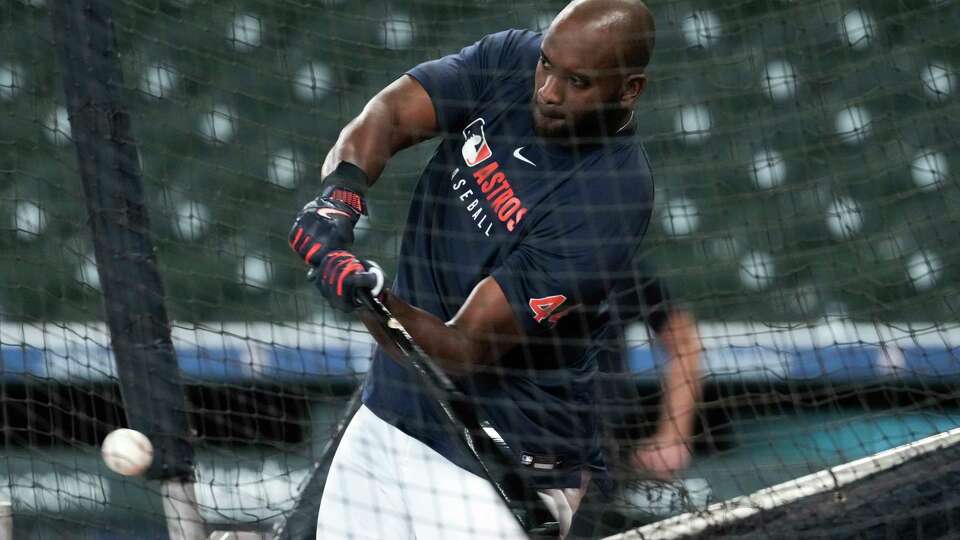 Houston Astros Yordan Alvarez takes batting practice before an MLB baseball game in Houston, Thursday, May 29, 2025.