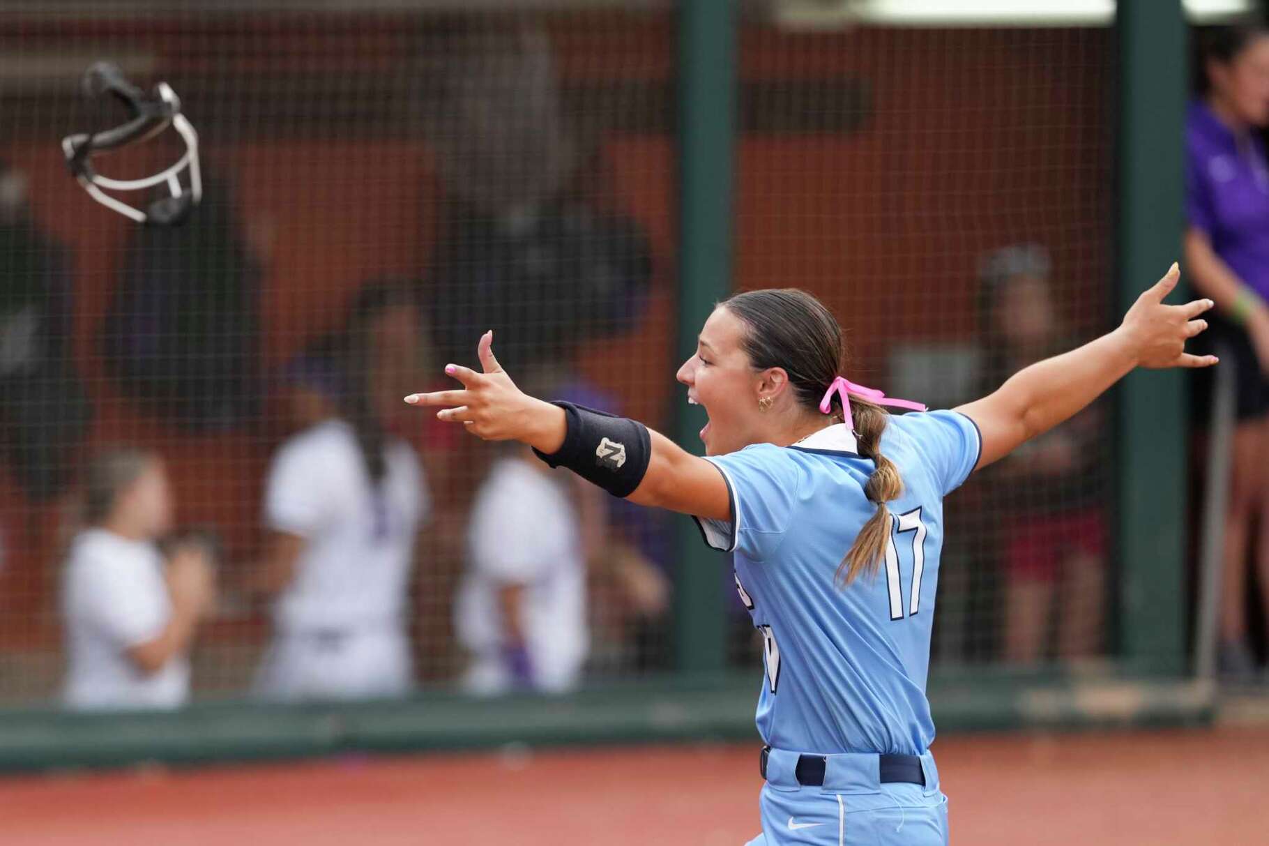 Lake Creek starting pitcher Sara Wiggins reacts after defeating Hallsville 21-1 to win the Class 5A Division II championship during the UIL State Softball Championships in Austin, Saturday, May 31, 2025.