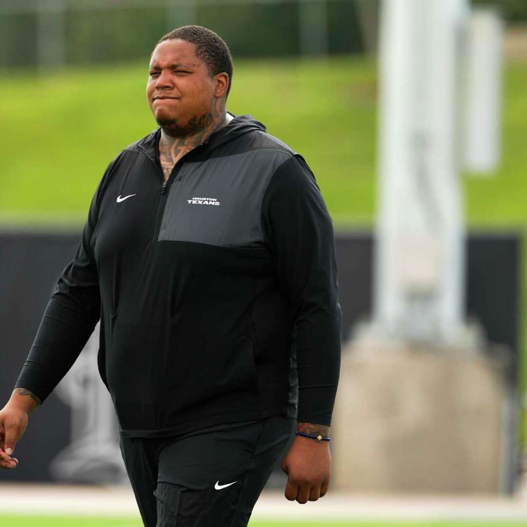 Houston Texans offensive tackle Trent Brown (77) is seen during OTAs in Houston, Tuesday, June 3, 2025.