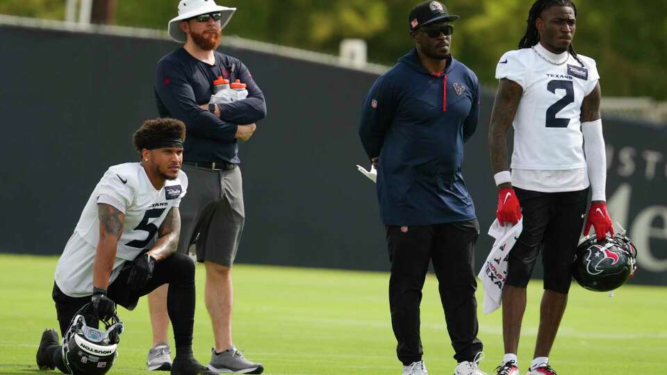 Houston Texans safety Jalen Pitre (5) and safety Calen Bullock (21) is seen during OTAs in Houston, Tuesday, June 3, 2025.