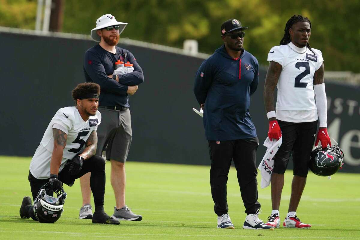 Houston Texans safety Jalen Pitre (5) and safety Calen Bullock (21) is seen during OTAs in Houston, Tuesday, June 3, 2025.