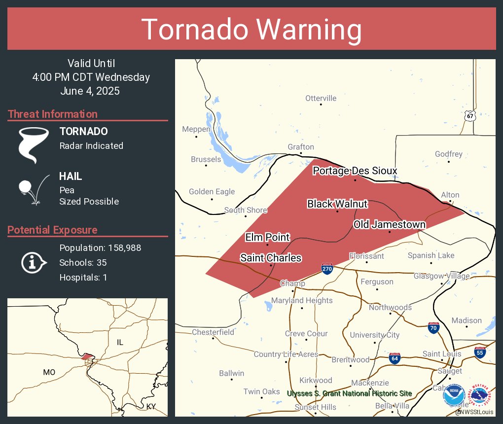 Tornado warning issued for northern St. Louis