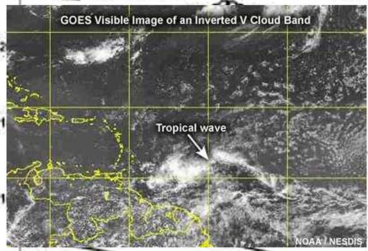 Tropical wave is characterized by an area of low pressure that looks like an inverted-V shape with a lot of convection and bright, white clouds.