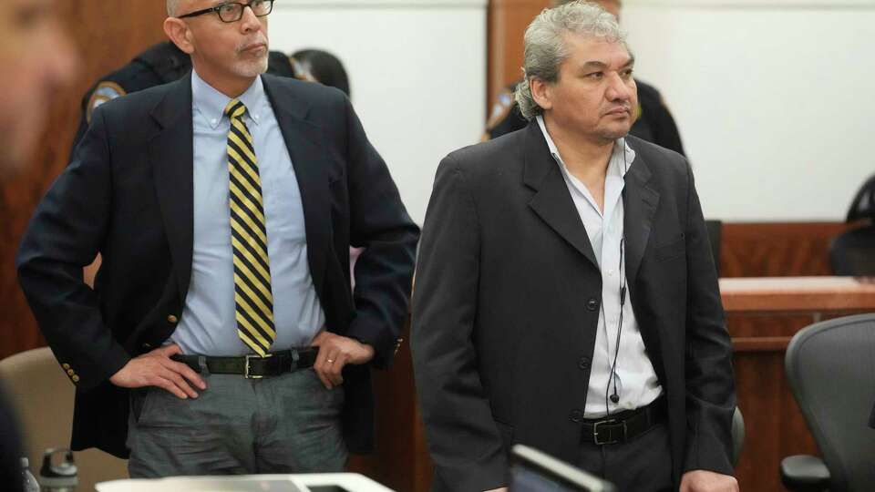 Attorney Rudy Duarte, left, defendant Oscar Rosales, right, are shown as the jury leaves to deliberate after closing arguments in his capital murder trial in the 482nd District Court in Houston, Friday, June 6, 2025. Rosales is accused in the 2022 shooting death of Harris County Precinct 5 Constable Corporal Charles Galloway.
