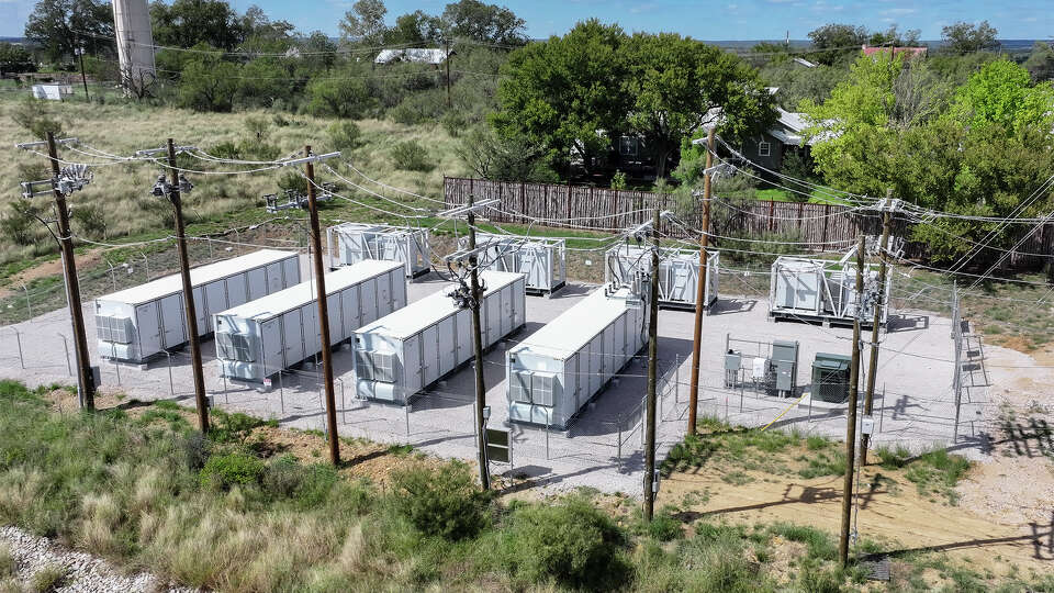 An aerial view of a battery energy storage system recently installed adjacent to Chris and Catherine Dyer's home (above) in Mason, TX, on Wednesday, Sept. 18, 2024.