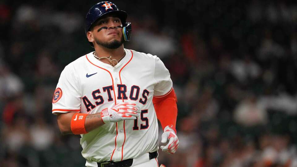 Houston Astros Isaac Paredes (15) is seen after hitting a fly ball in the fifth inning of an MLB baseball game in Houston, Tuesday, June 10, 2025.