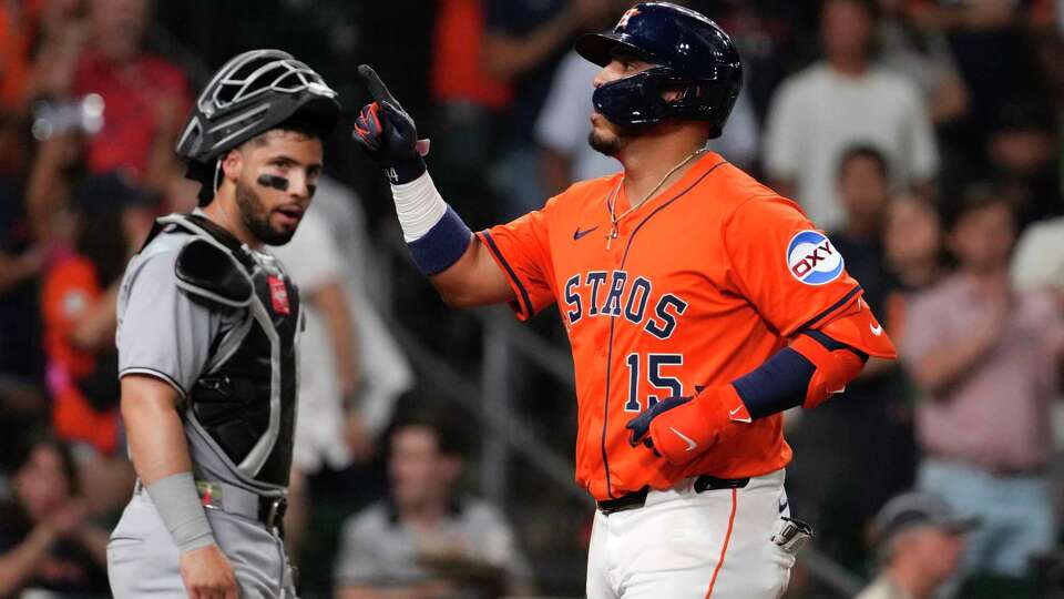 Houston Astros Isaac Paredes (15) reacts after hitting a solo home run off Chicago White Sox starting pitcher Davis Martin in the fifth inning of an MLB baseball game in Houston, Thursday, June 12, 2025.