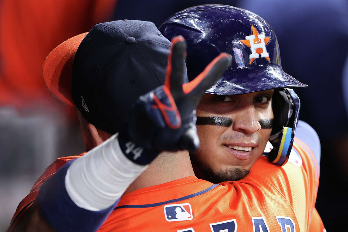 Isaac Paredes #15 of the Houston Astros celebrates with teammates after a solo home run during the fifth inning against the Chicago White Sox at Daikin Park on June 12, 2025 in Houston, Texas.