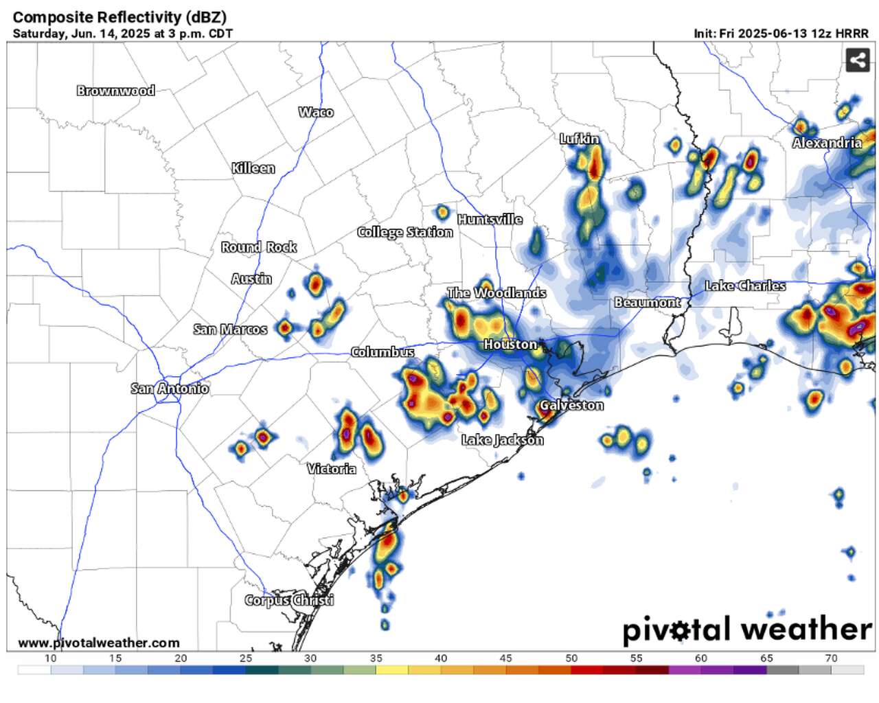 Scattered rain and thunderstorms are possible across the Houston metro on Saturday afternoon. This is the HRRR model's forecast at 3 p.m. on Saturday.
