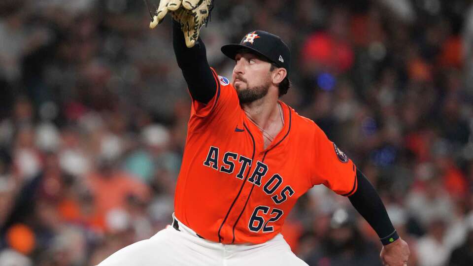 Houston Astros relief pitcher Bennett Sousa (62) delivers in the seventh inning of an MLB baseball game in Houston, Friday, June 13, 2025.