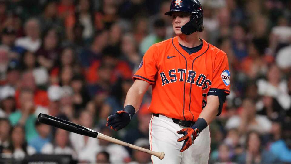 Houston Astros Jake Meyers (6) draws a walk in the seventh inning of an MLB baseball game in Houston, Friday, June 13, 2025.