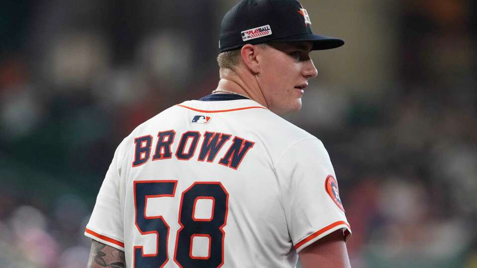 Houston Astros starting pitcher Hunter Brown (58) is seen during the fifth inning of an MLB baseball game in Houston, Saturday, June 14, 2025.