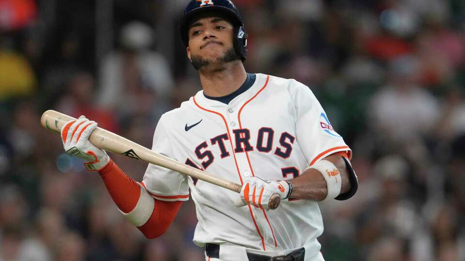 Houston Astros shortstop Jeremy Peña (3) reacts after striking out in the eighth inning of an MLB baseball game in Houston, Saturday, June 14, 2025.