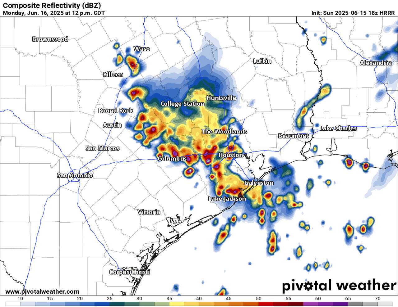 The High Resolution Rapid Refresh model, shown here, depicts numerous storms across Southeast Texas Monday afternoon. Storm chances Tuesday through Wednesday should be more hit-or-miss.