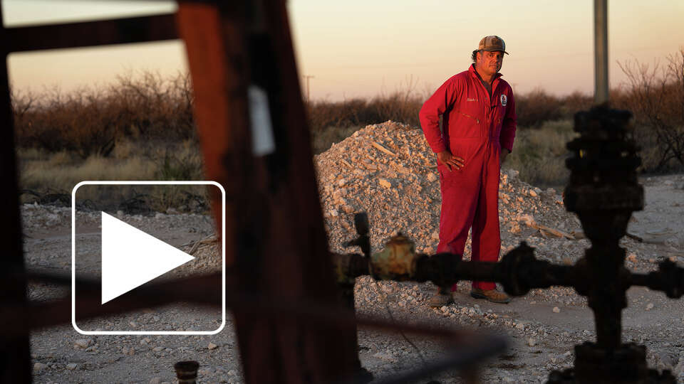 Hawk Dunlap poses near an abandoned well that had been plugged on Antina Ranch on Tuesday, April 25, 2023 near Monahans, TX.