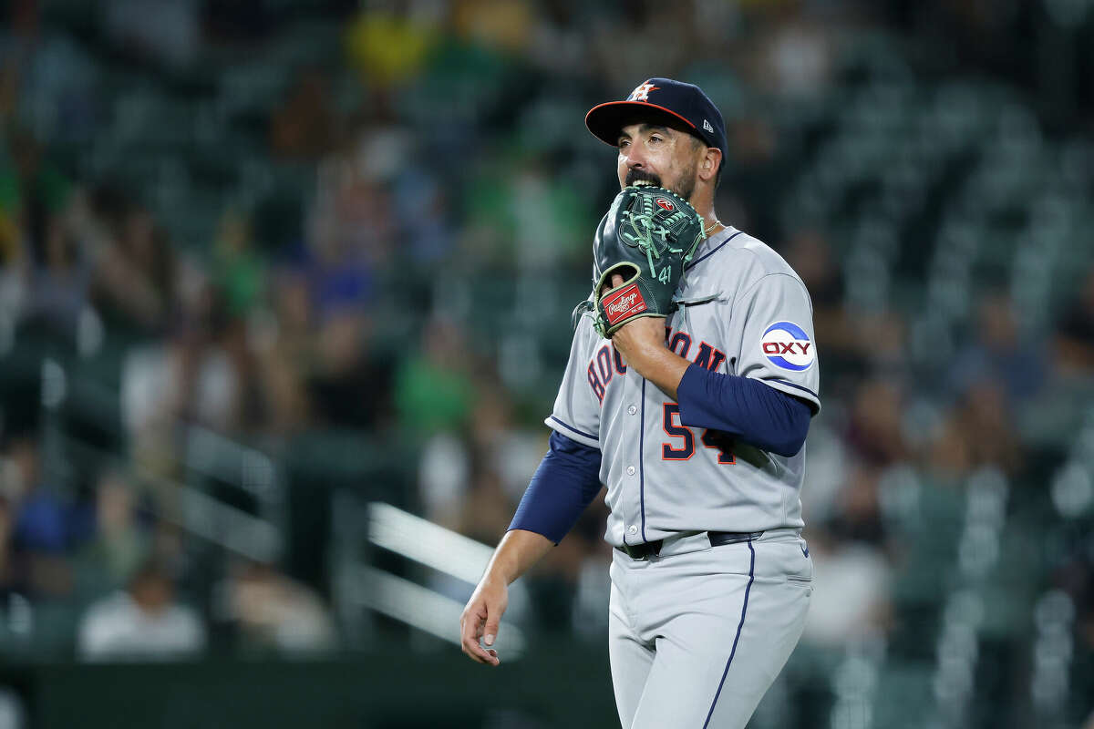 Pitcher Jason Alexander #54 of the Houston Astros walks to the dugout after exiting the game in the bottom of the seventh inning against the Athletics at Sutter Health Park on June 17, 2025 in Sacramento, California.