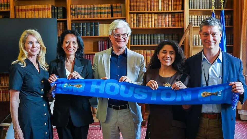 Harris County Judge Lina Hidalgo seen here alongside Houston delegates and French officials in Paris. 