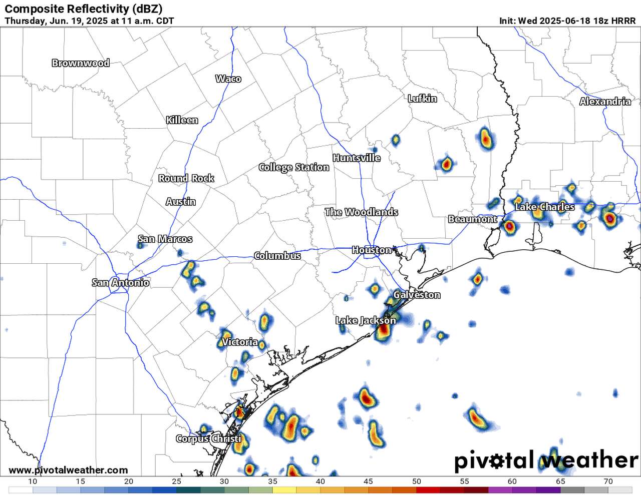 Spotty downpours with embedded thunder develop first along the coast. The High Resolution Rapid Refresh model, shown here, brings storms closer to Houston shortly after noon.