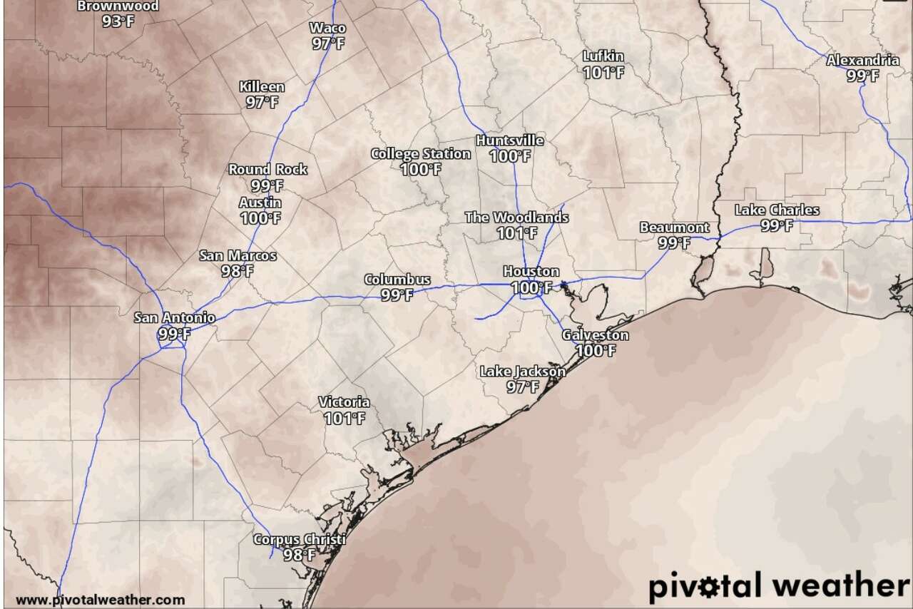 Humidity-driven heat index values, or 'feels like' temperatures will hit triple digits by 3 p.m. Sunday in Southeast Texas, according to the National Blend of Models, a composite weather forecast model.