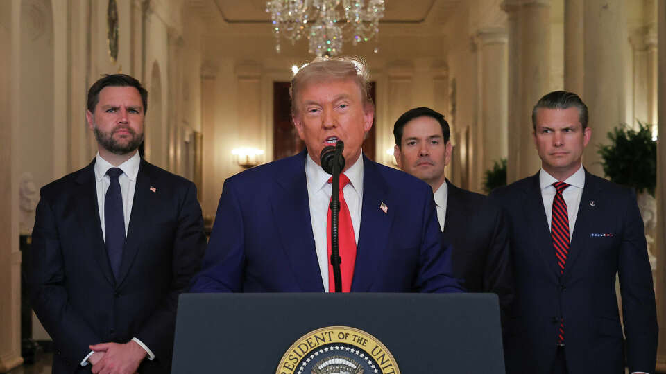 President Donald Trump speaks from the East Room of the White House in Washington, Saturday, June 21, 2025, after the U.S. military struck three Iranian nuclear and military sites, directly joining Israel's effort to decapitate the country's nuclear program, as Vice President JD Vance, Secretary of State Marco Rubio and Defense Secretary Pete Hegseth listen. (Carlos Barria/Pool via AP)