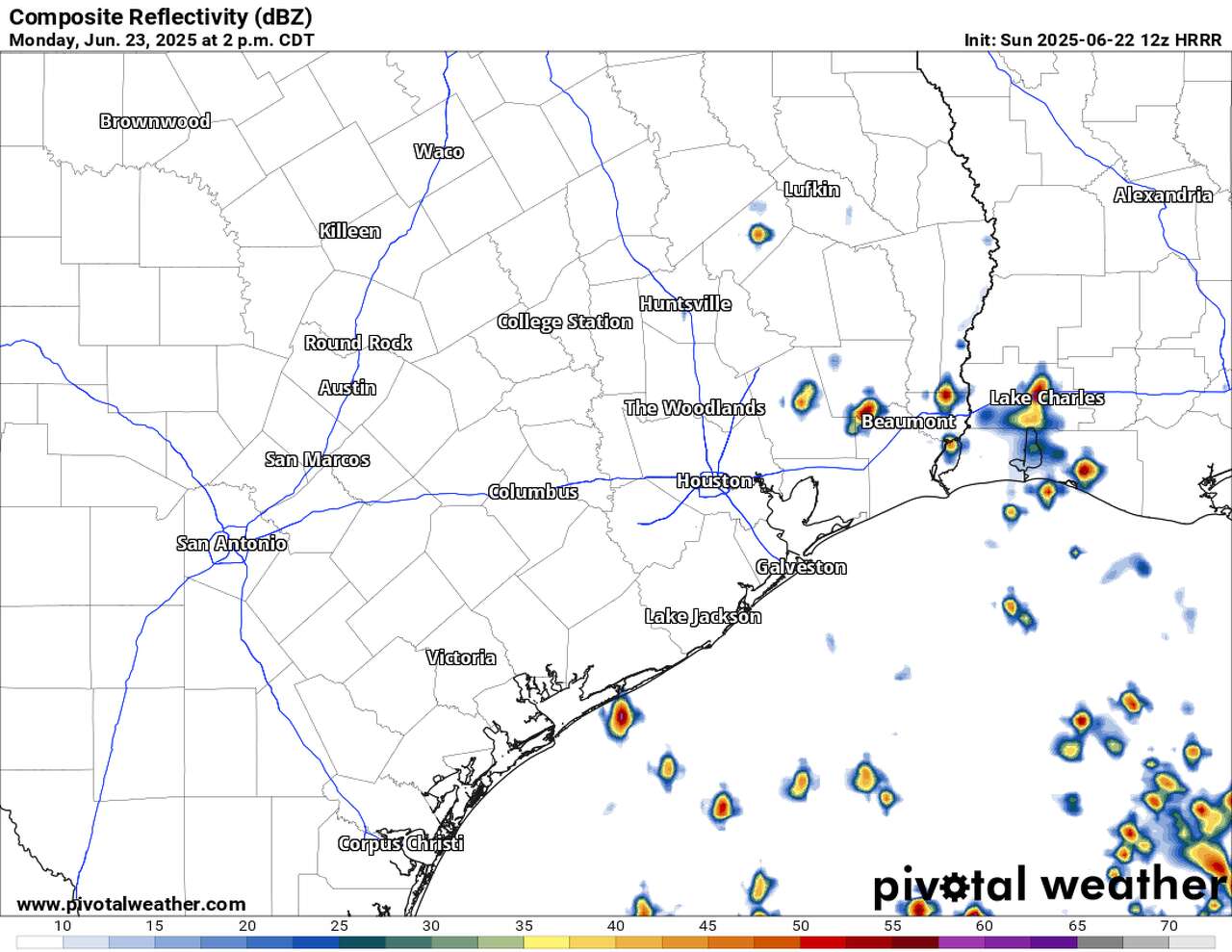 Shown is the High Resolution Rapid Refresh model's depiction of how radar could look early Monday afternoon. A scattering of downpours may develop as highs reach into the 90s.