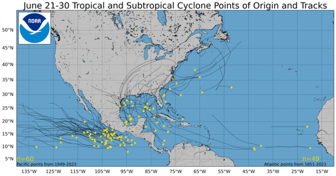 This image shows where tropical development has historically formed between June 21 and June 30. Development tends to occur in the Gulf of Mexico and in the Atlantic off coast of the U.S. Southeast.