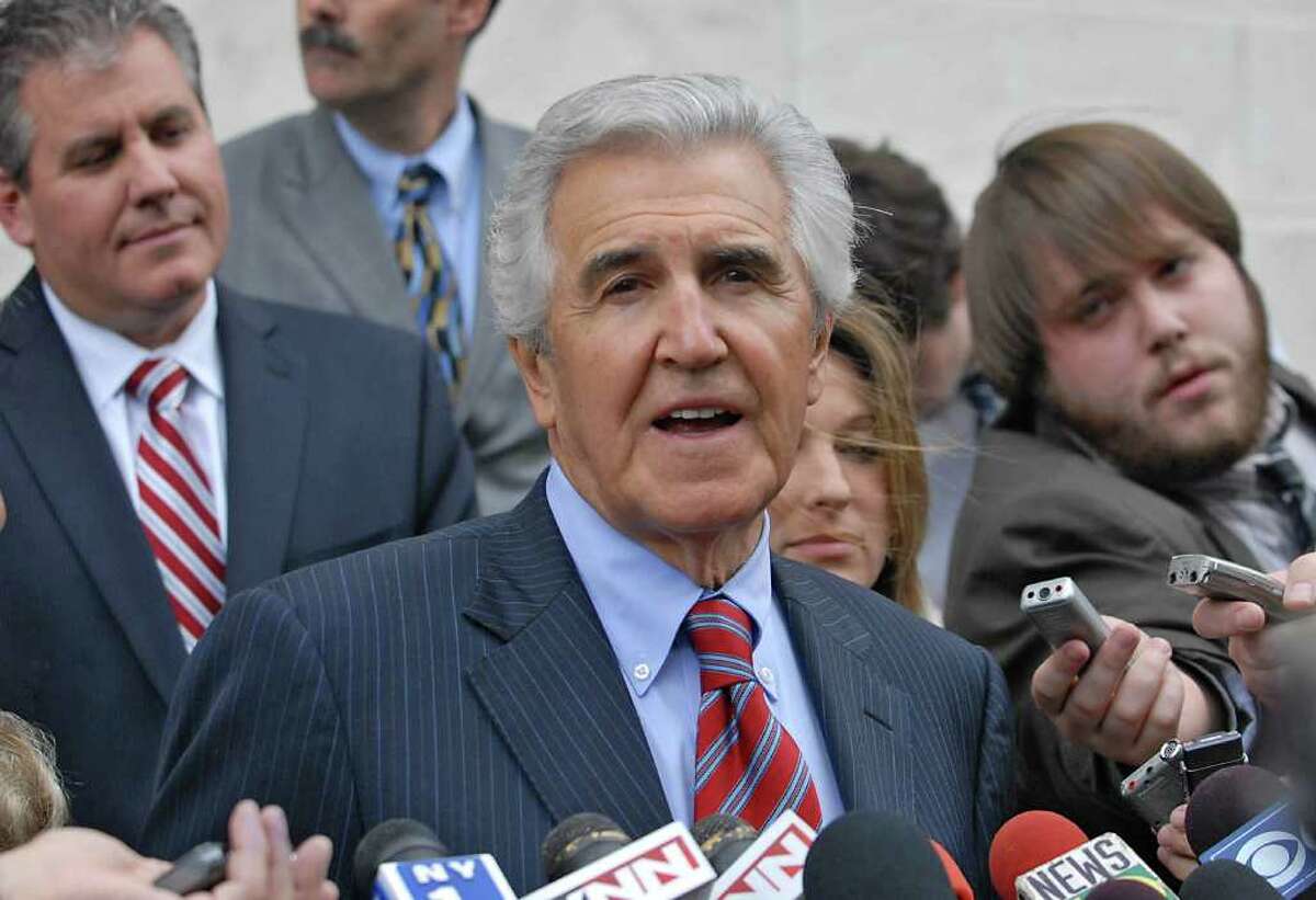 Former state Senate Majority Leader Joseph L. Bruno talks to the press outside U.S. District Court after his sentencing May 2010 to 24 months in prison. He was free pending appeal. Bruno's trial revealed he had used Senate staffers for his personal affairs but was never charged. (Lori Van Buren / Times Union)