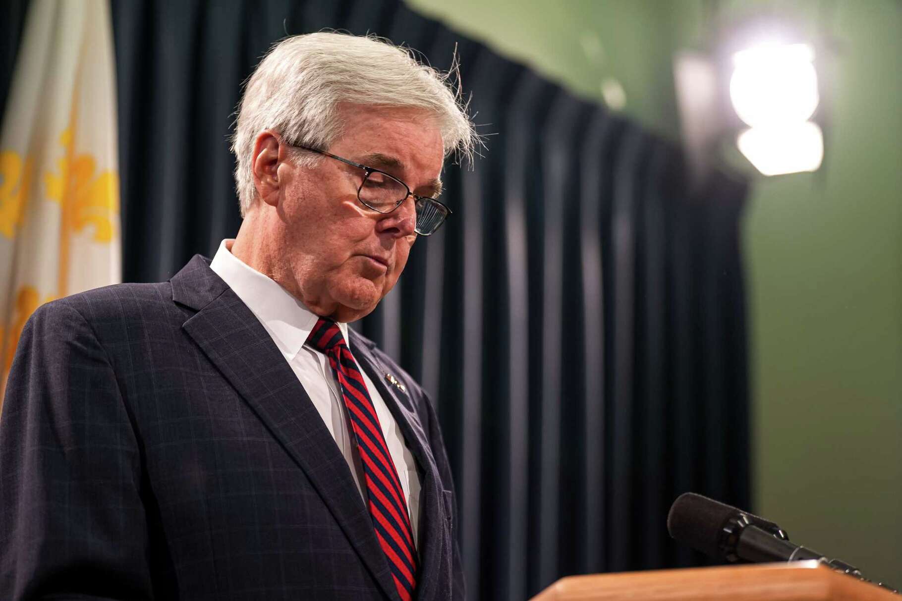 Texas Lieutenant Governor Dan Patrick pauses while speaking during a press conference at the Texas Capitol on Monday, June 23, 2025 in Austin, Texas. Patrick hosted a press conference in response to Texas Governor Greg Abbott’s decision to veto Senate Bill 3, which would have banned the sale of THC products in Texas.
