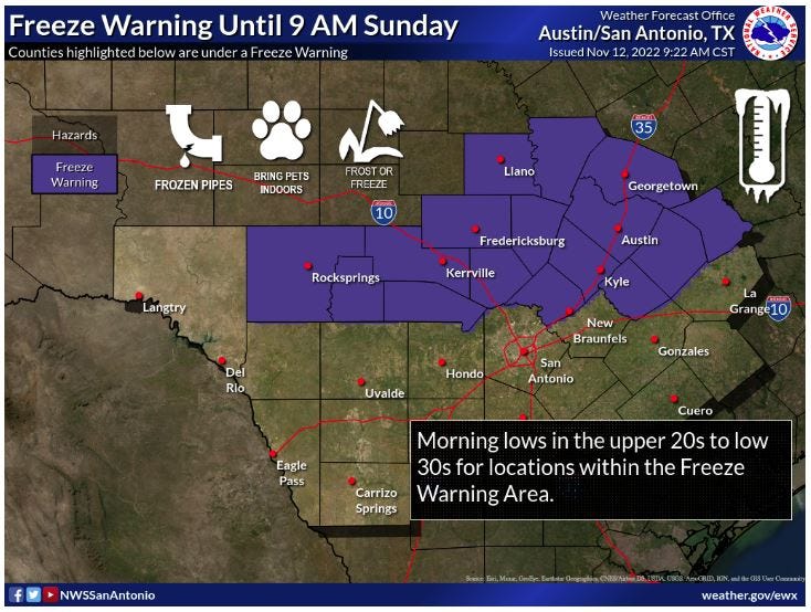 Freeze warning for Austin, Hill Country from midnight to 9 a.m. Sunday