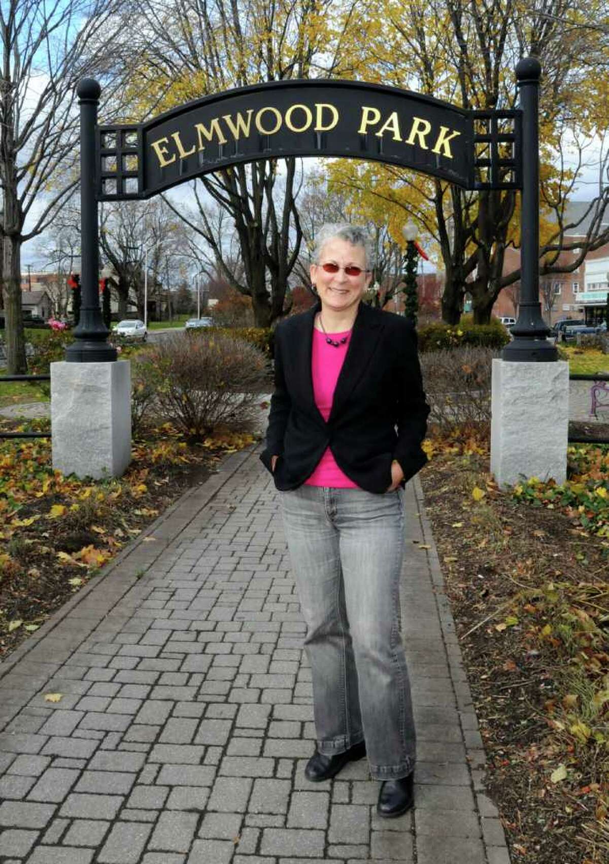Jane Didona of Didona Associates is a landscape architect. Didona designs parks and outdoor spaces. Didona designed Elmwood Park in dowtown Danbury. Pictured here on Wed. Nov. 17, 2010 at the park.