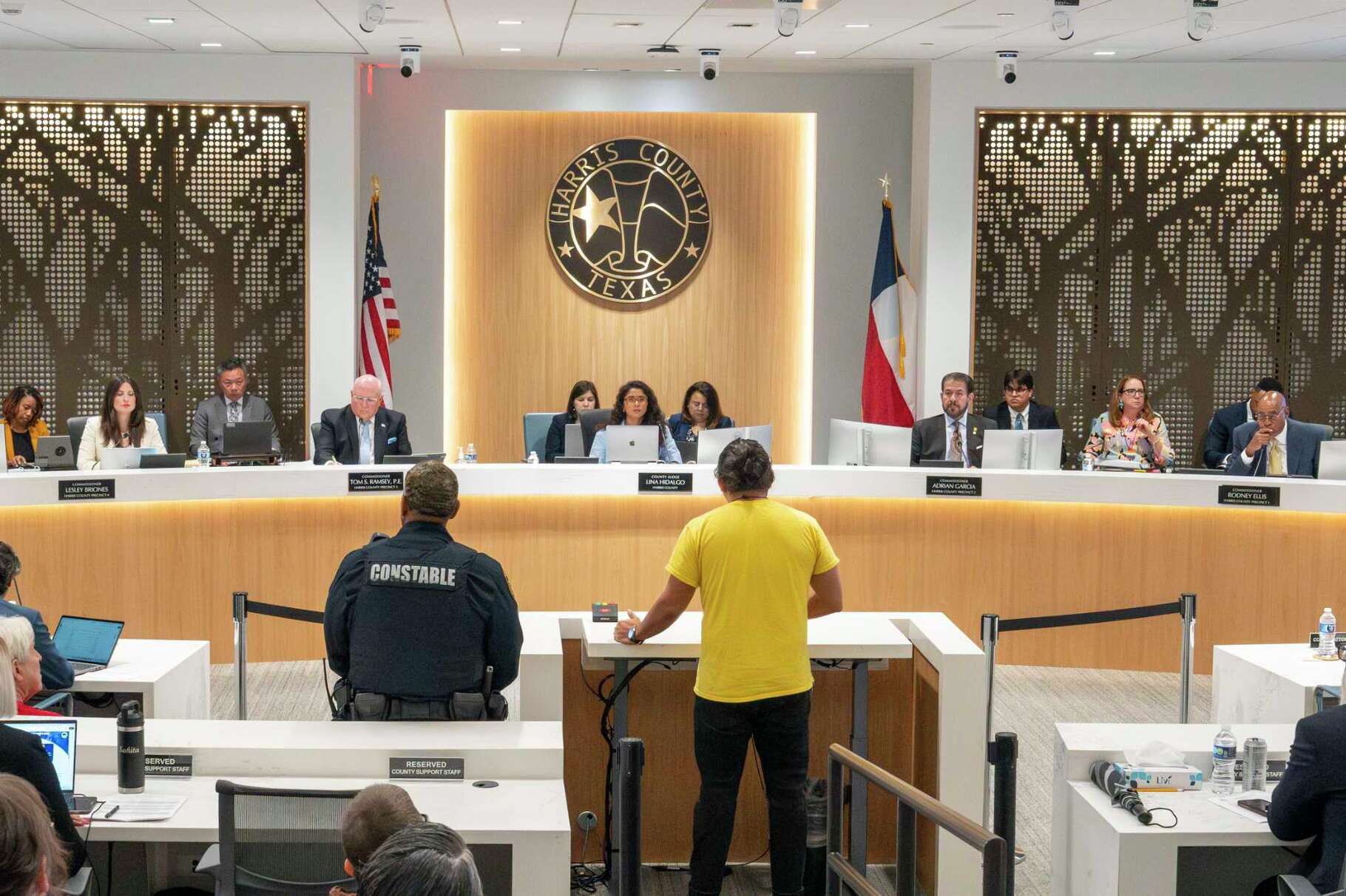 Harris County Judge Lina Hidalgo and Harris County Commissioners listen as citizens voice concerns with Harris County flood control directives during Commissioners Court in Houston, Thursday, June 26, 2025.