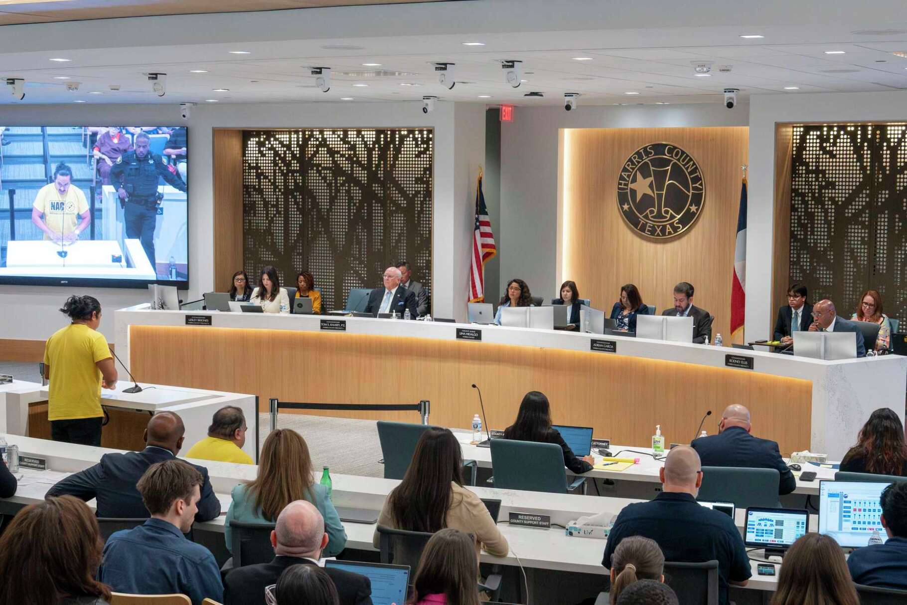 Harris County Judge Lina Hidalgo and Harris County Commissioners listen as citizens voice concerns with Harris County flood control directives during Commissioners Court in Houston, Thursday, June 26, 2025.