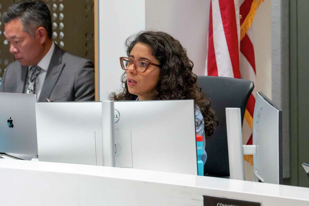 Harris County Judge Lina Hidalgo listens as a citizen voices concerns with Harris County flood control directives during Commissioners Court in Houston, Thursday, June 26, 2025.