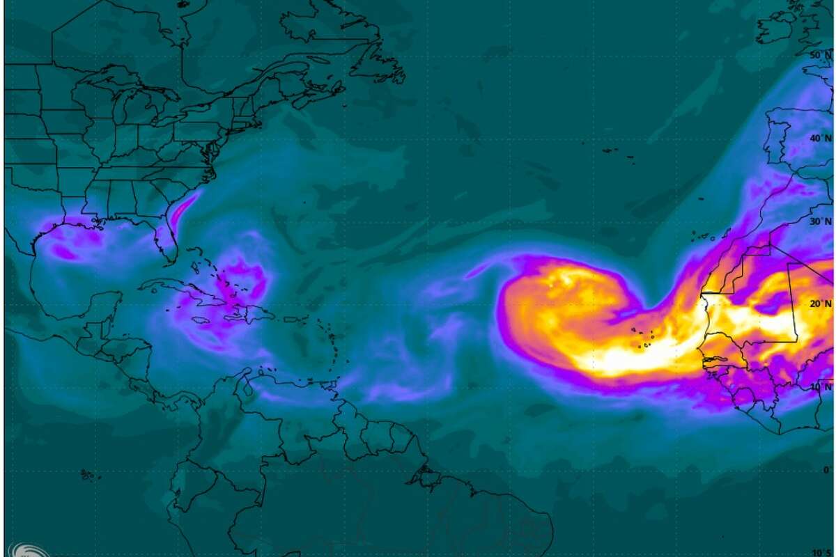 Based on dust data gathered and analyzed by NASA’s Goddard Earth Observing System, forecast models show Saharan dust over Texas, the Caribbean Sea and the tropical Atlantic as of 10 a.m. Tuesday.