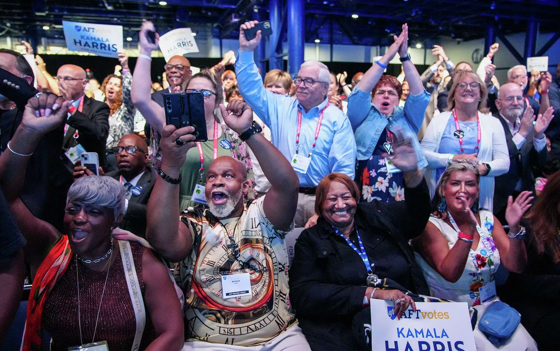 The crowd welcomes Vice President Kamala Harris as she takes the stage at The American Federation of Teachers National Convention Thursday, July 25, 2024, in Houston. Harris is visiting Houston as she charges on with her bid for the Democratic presidential nomination after President Joe Biden announced he won't seek reelection.