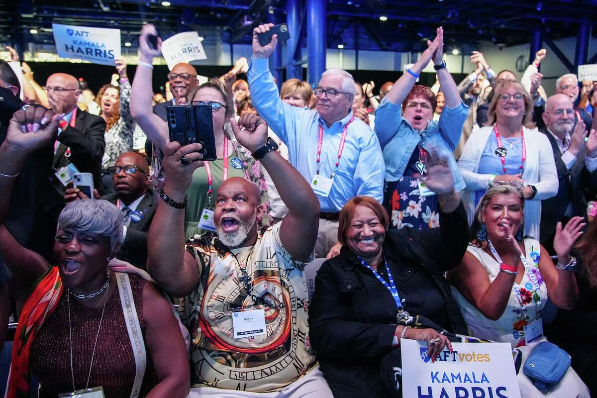 The crowd welcomes Vice President Kamala Harris as she takes the stage at The American Federation of Teachers National Convention Thursday, July 25, 2024, in Houston. Harris is visiting Houston as she charges on with her bid for the Democratic presidential nomination after President Joe Biden announced he won't seek reelection.