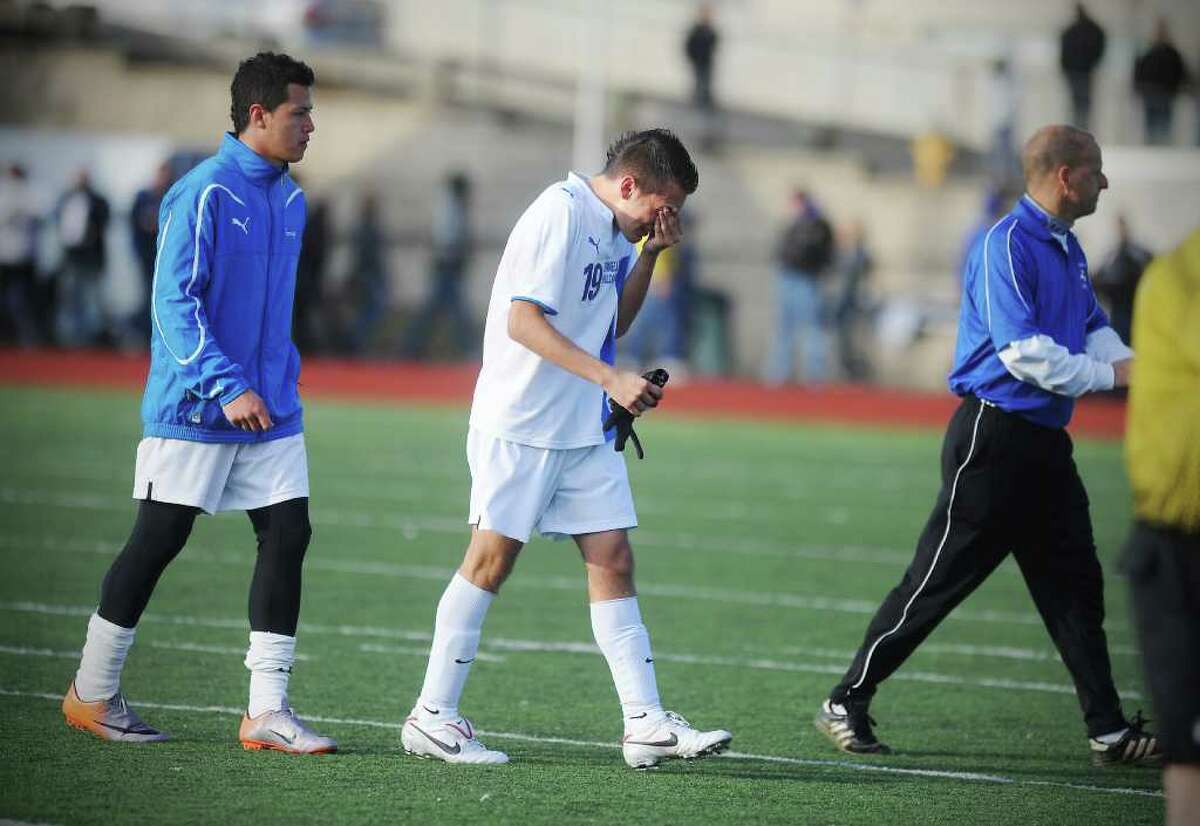 Bunnell's Zachary Zurita reacts after his teams loss to New Canaan in the Class L boys soccer championship at Fairfield Ludlowe High School in Fairfield, Conn. on Saturday November 20, 2010. New Canaan won the game 2-0.