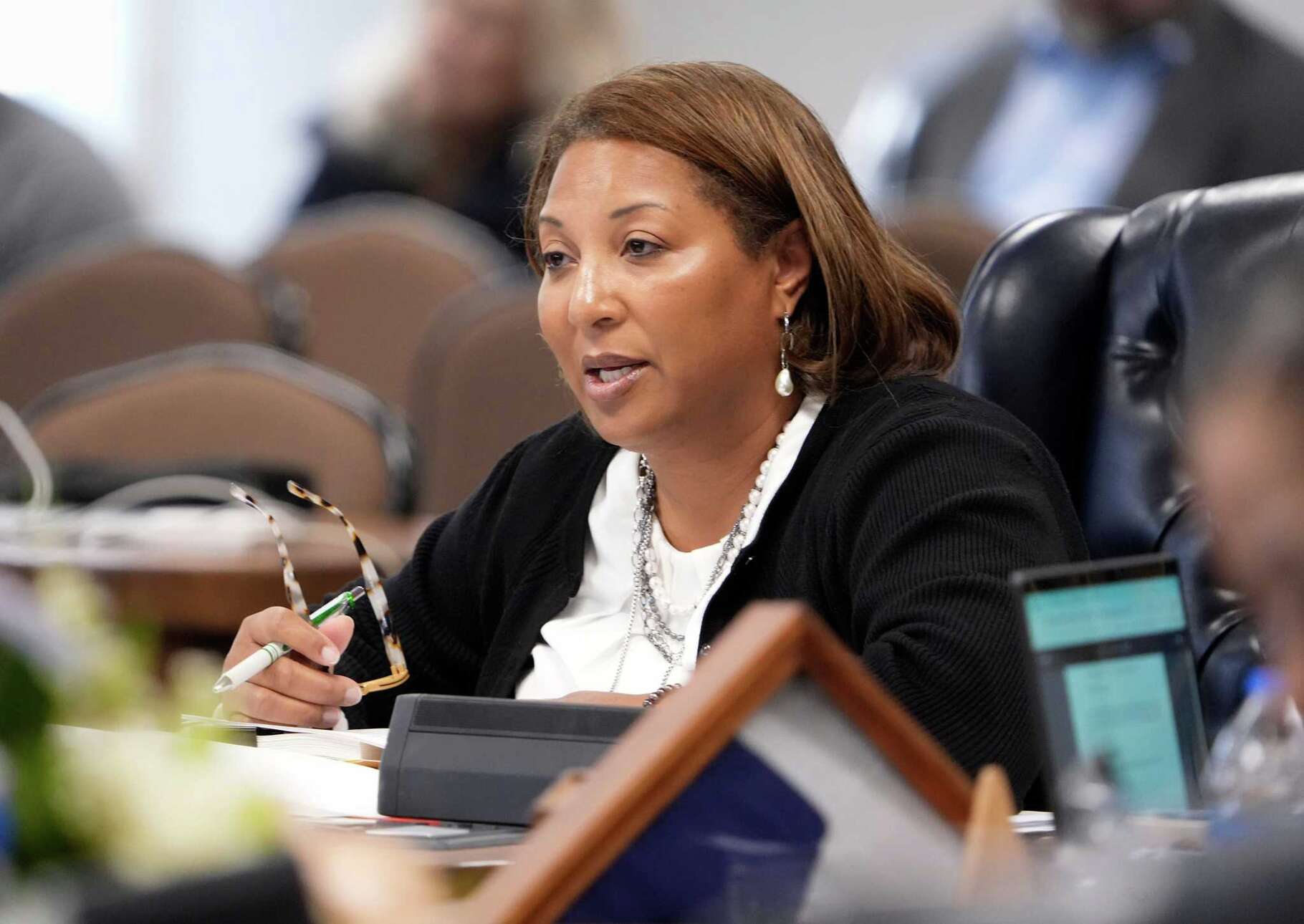 State Board of Education member Evelyn Brooks discusses the controversial Bluebonnet teaching materials at a meeting of the State Board of Education at the William B. Travis Building Friday November 22, 2024. The Bluebonnet materials, which use Bible stories, are K-5 math and reading instructional materials that the 2023 House Bill 1605 mandated the Texas Education Agency created with the intention of creating high quality instructional resources for teachers.