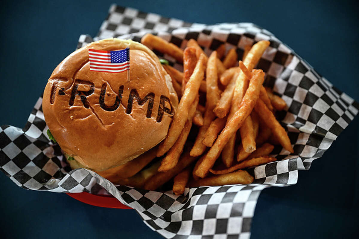 A burger is seen at Trump Burger restaurant, in Bellville, Texas. (Photo by RONALDO SCHEMIDT/AFP via Getty Images)