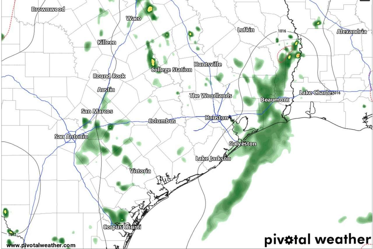 The High-Resolution Rapid Refresh model shows only a few scattered light showers at 8 p.m. Friday, suggesting that most of Southeast Texas will be largely rain-free for Fourth of July fireworks.