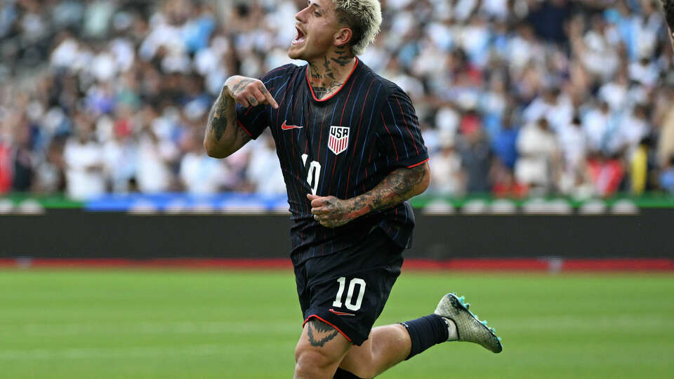 ST LOUIS, MISSOURI - JULY 2: Diego Luna #10 of the United States reacts after scoring his second goal against the Guatemala during the first half at Energizer Park on July 2, 2025 in St Louis, Missouri. (Photo by Jeff Le/Getty Images)