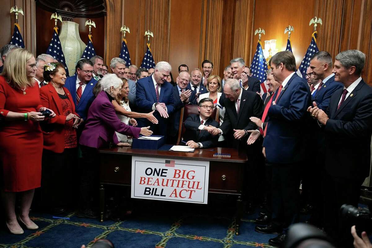 House Speaker Mike Johnson with Republican leaders signs the Trump's One, Big, Beautiful Bill Act on Capitol Hill in Washington, D.C., on July 3, 2025.